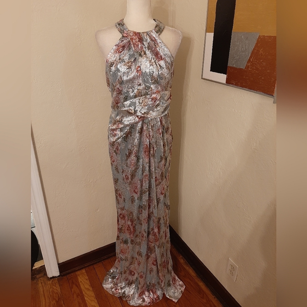 Adrianna Papell Silver Metallic Floral Maxi Dress with Pink Accents